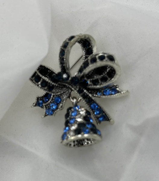 Silvertone and Blue Enamel Christmas Bell and Ribbon Bow Pin Brooch