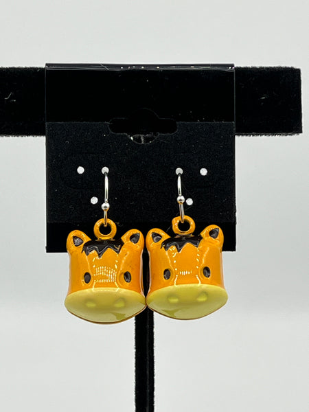 Enameled Metal Black Yellow and Orange Horse Jingle Bell Dangle Earrings