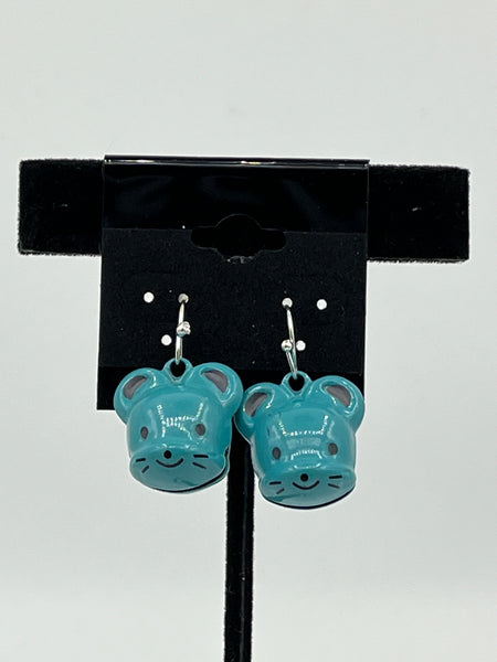 Blue Enameled Metal 3D Dog Head Jingle Bell Sterling Silver Dangle Earrings