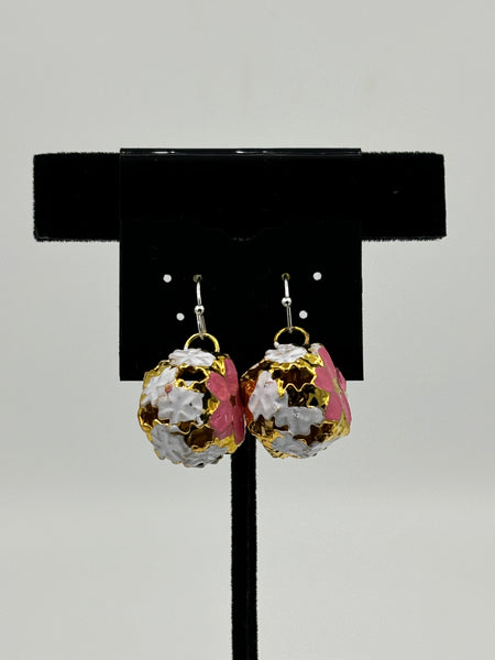Red and Yellow Enamel Flower Jingle Bell Dangle Earrings