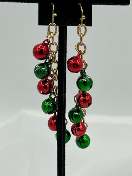 Red and Green Christmas Jingle Bells Goldtone Dangle Earrings