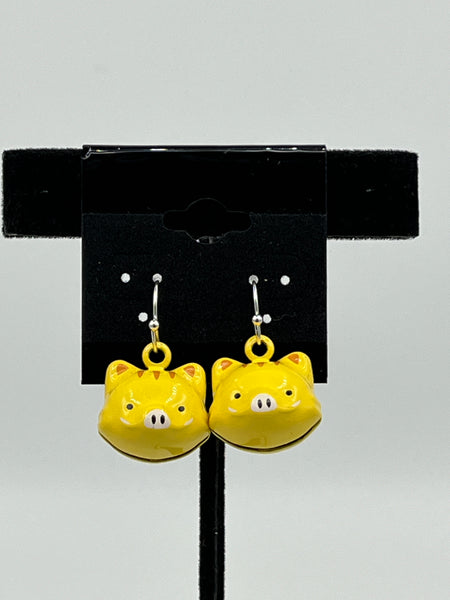 Yellow & Brown Enameled Metal 3D Pig Jingle Bell Sterling Silver Dangle Earrings