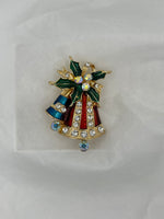 Elegant Multicolor CZ and Enamel Goldtone Christmas Bells and Holly Pin Brooch