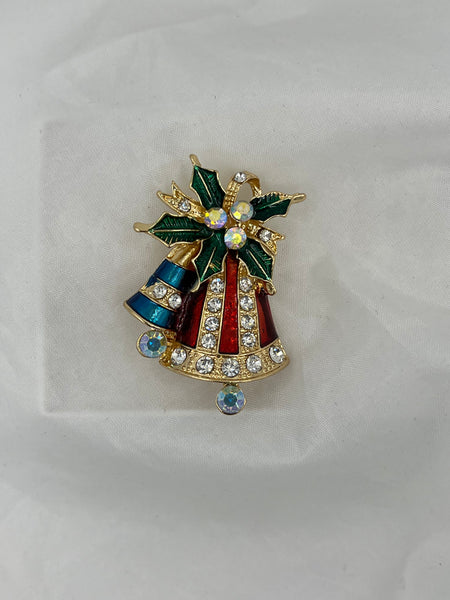 Elegant Multicolor CZ and Enamel Goldtone Christmas Bells and Holly Pin Brooch