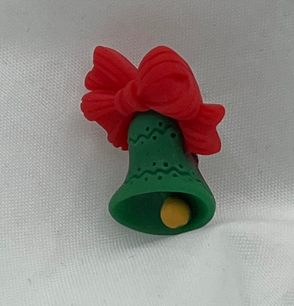 Small Red and Green Plastic Christmas Bell With Ribbon Pin Brooch