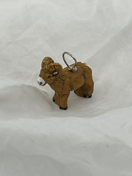 Hand Painted Ceramic Brown and White 3D Bighorn Sheep Animal Wildlife Pendant
