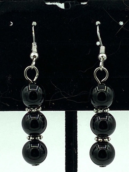 Natural Black Agate Gemstone Beaded Sterling Silver Dangle Earrings