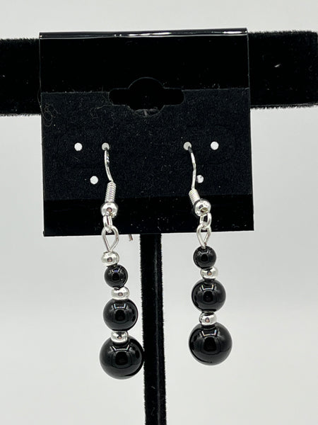 Natural Black Agate Gemstone Graduated Round Beaded Sterling Silver Earrings