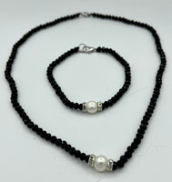 Natural Black Agate Gemstone Rondelle and Pearl Beaded Necklace and Bracelet Set