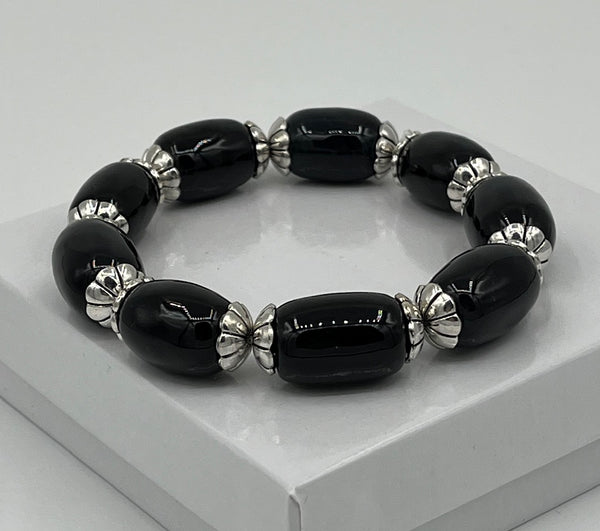 Natural Black Agate Gemstone Chunky Barrel & Silvertone Beaded Stretch Bracelet