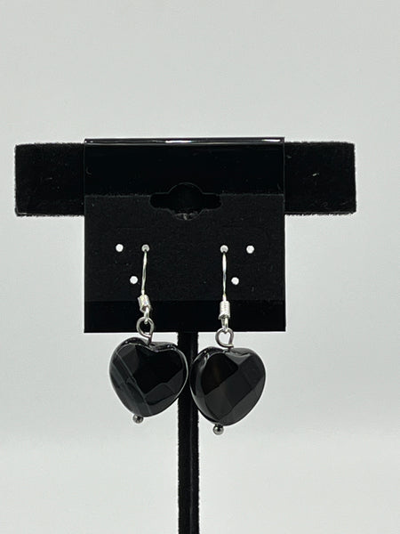 Natural Black Agate Gemstone Faceted Heart Beaded Sterling Silver Earrings