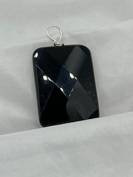 Natural Black Agate Gemstone Faceted Rectangle Pendant