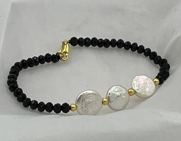 Natural Black Agate Faceted Rondelle & White Coin Pearl Gemstone Beaded Bracelet