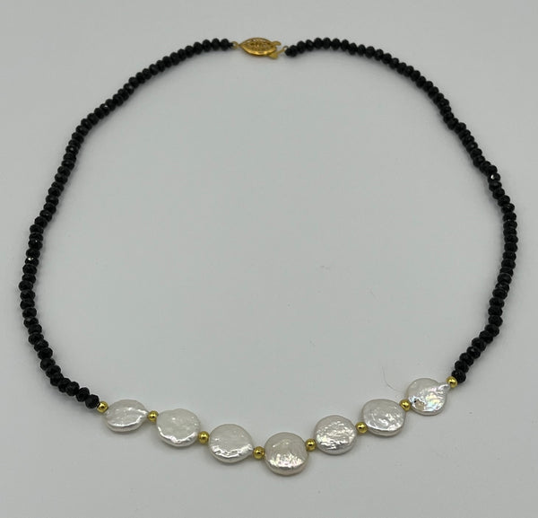 Natural Black Agate Faceted Rondelle & White Coin Pearl Gemstone Beaded Necklace