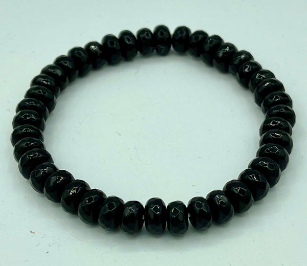 Natural Black Agate Gemstone Faceted Rondelles Beaded Stretch Bracelet