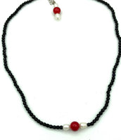 Natural Black Agate and Red Coral Gemstone Beaded Adjustable Necklace