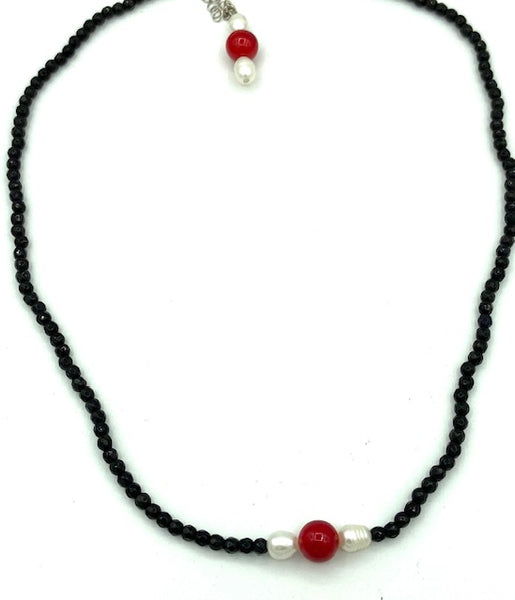 Natural Black Agate and Red Coral Gemstone Beaded Adjustable Necklace