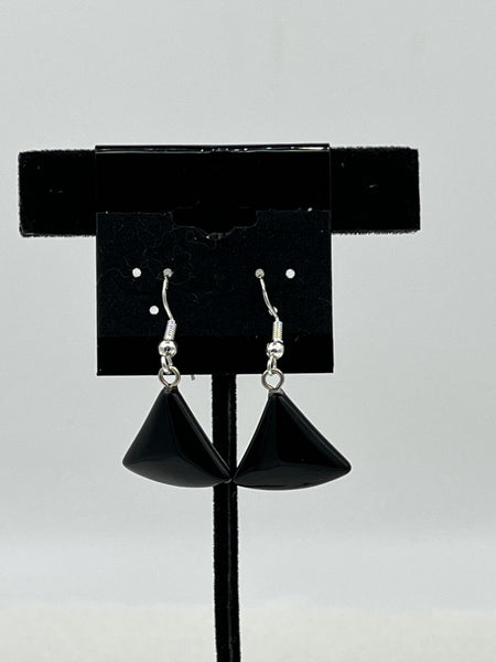 Natural Black Agate Gemstone Fan Shaped Sterling Silver Dangle Earrings