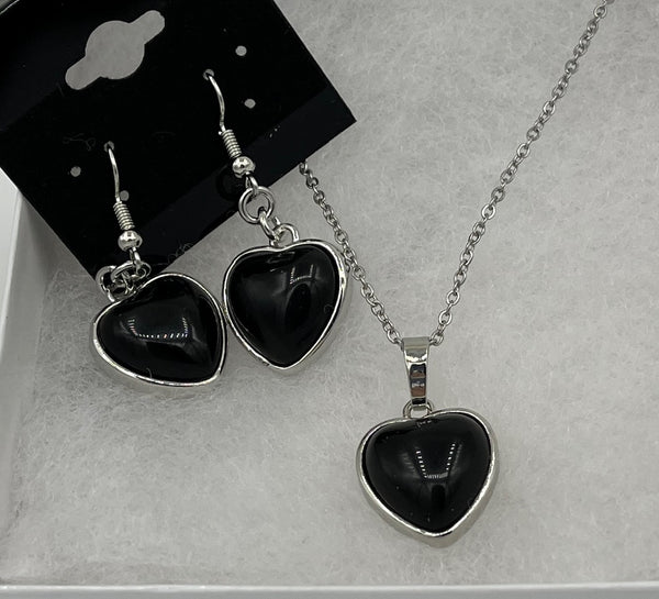 Natural Black Agate Gemstone Heart Pendant on Chain and Dangle Earrings Set