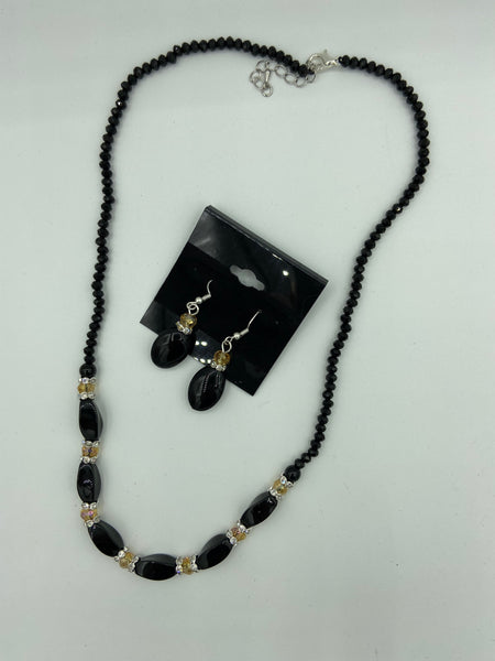 Natural Black Agate Gemstone Rondelle & Oval Beaded Necklace and Dangle Earrings