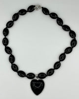 Natural Black Agate Gemstone Oval Beaded Necklace with Heart Pendant