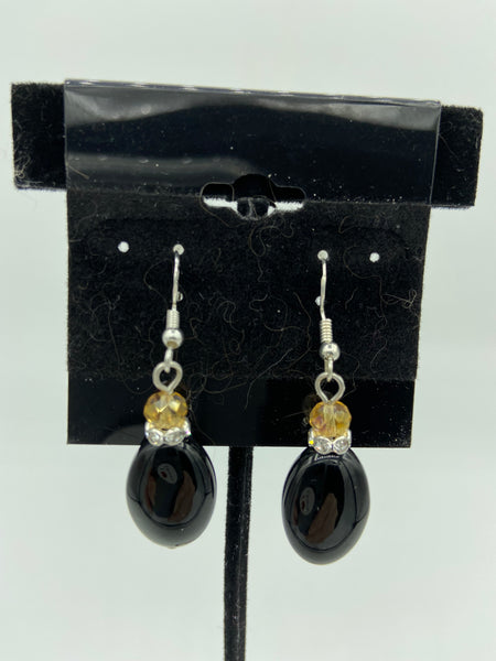 Natural Black Agate Gemstone Puffed Oval Beaded Dangle Earrings