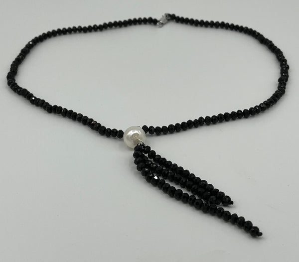 Natural Black Agate Rondelle and White Pearl Gemstone Beaded Tassel Necklace