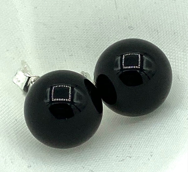 Natural Black Agate Gemstone Round Sterling Silver Stud Earrings