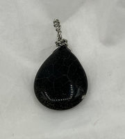 Natural Black Agate Gemstone Carved Puffed Teardrop Pendant