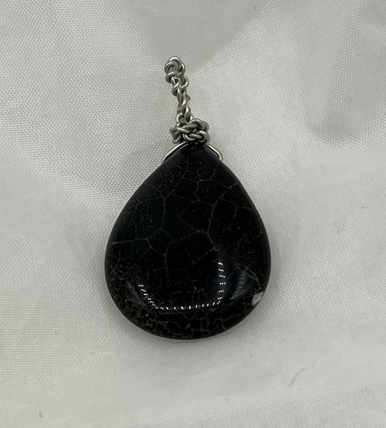 Natural Black Agate Gemstone Carved Puffed Teardrop Pendant