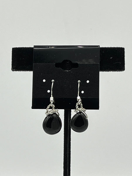 Natural Black Agate Gemstone Teardrops Beaded Sterling Silver Dangle Earrings