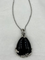 Natural Black Agate Gemstone Teardrop in Floral Setting Pendant on Chain