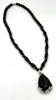 Natural Black Agate & Garnet Gemstone Peaded Necklace with Black Agate Pendant