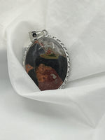 Natural Black and Brown Jasper Gemstone Oval Cabochon Pendant Silvertone Setting