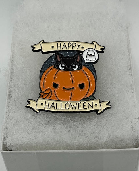 Black Metal and Enamel Happy Halloween Pin Brooch with Cat and Ghost