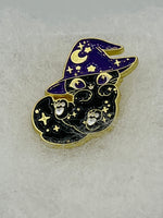 Halloween Black Cat in Purple Witch Hat Gold Tone Enamel Pin Brooch