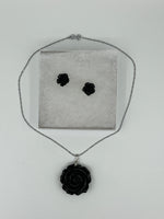 Black Coral Gemstone Carved Rose Flower Pendant on Chain and Stud Earrings Set