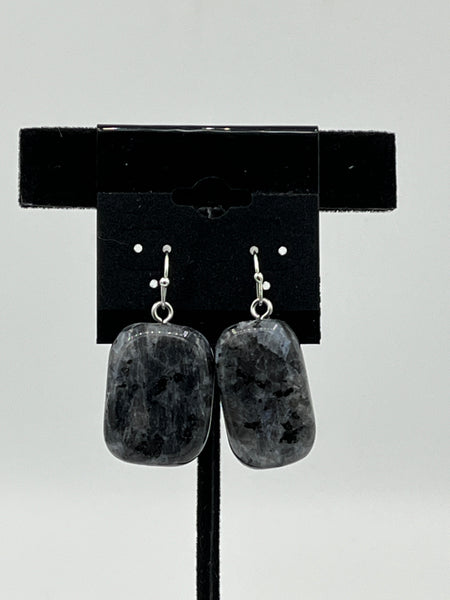 Natural Black Labradorite Gemstone Tumbled Rectangle Sterling Silver Earrings