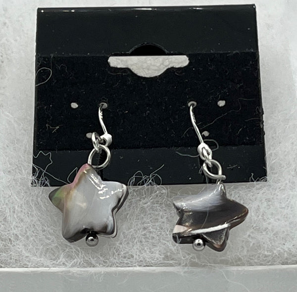 Black Mother of Pearl Shell Carved Star Beaded Sterling Silver Dangle Earrings