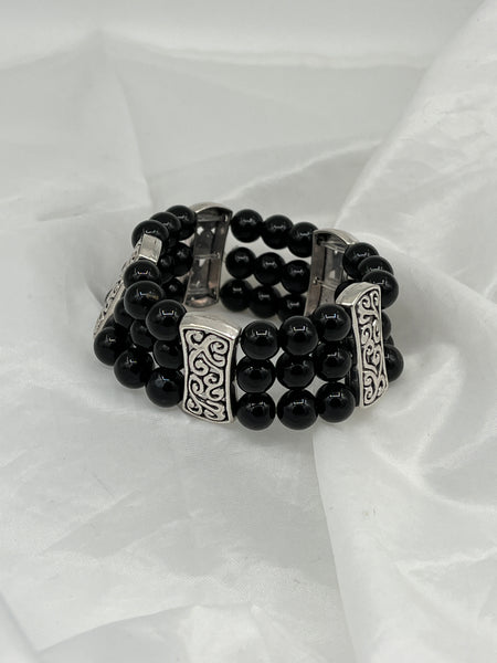 Natural Black Onyx Gemstone Round and Silver 3 Strand Beaded Stretch Bracelet