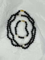 Natural Black Onyx & Pearl Gemstone Long Round Beaded Necklace and Bracelet Set