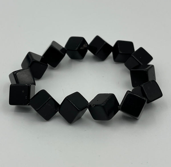 Natural Black Onyx Gemstone Chunky Cubes Beaded Stretch Bracelet