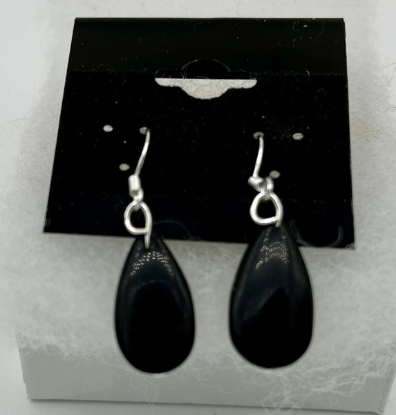 Natural Black Onyx Gemstone Flat Teardrop Beaded Sterling Silver Dangle Earrings