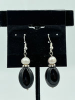 Natural Black Onyx Gemstone Oval & Pearl Beaded Sterling Silver Dangle Earrings