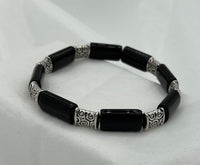 Natural Black Onyx Gemstone and Silvertone Rectangles Beaded Stretch Bracelet