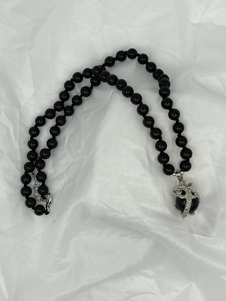 Natural Black Agate Gemstone Round Beaded Adjustable Necklace w/Dragon Pendant