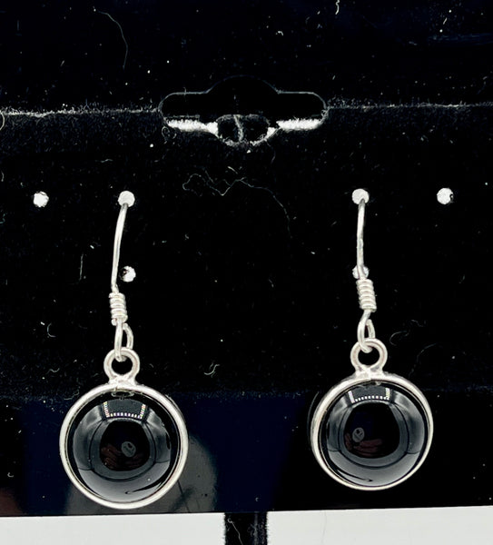 Natural Black Onyx Gemstone Round Cabochon Sterling Silver Dangle Earrings