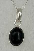 Natural Black Onyx Gemstone DaintyOval Cabochon Sterling Silver Pendant on Chain