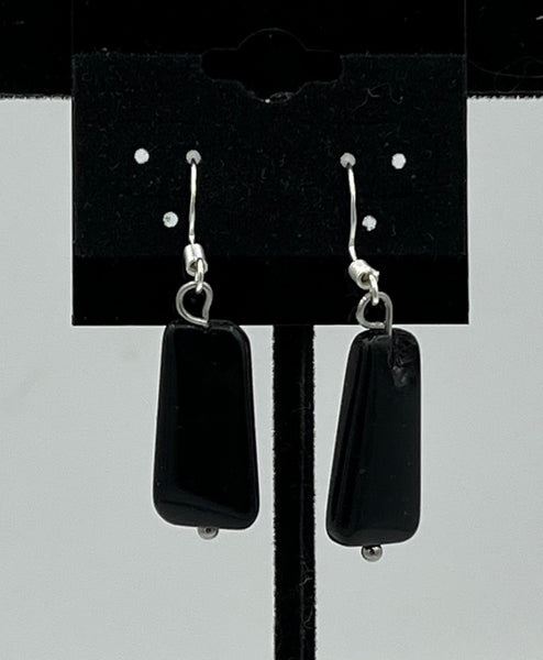 Natural Black Onyx Gemstone Trapezoid Beaded Sterling Silver Dangle Earrings