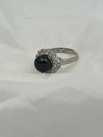 Natural 7 to 8 MM Round Black Pearl Gemstone Adjustable White Gold Plated Ring